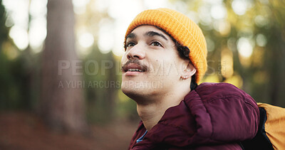 Buy stock photo Thinking, hiking and man in woods, journey and energy with fitness, environment and weekend break. Outdoor, healthy person or hiker with contemplation, calm or travel with nature, trekking or holiday