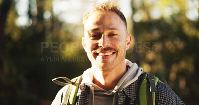 Buy stock photo Travel, hiking and portrait of man in nature for trekking, adventure and wilderness explore. Eco tourism, backpacking and journey with male person in forest for vacation, peace and wellness trip