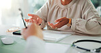 Doctor, hands and consultation with patient for healthcare advice, prescription or diagnosis. Nurse, medical worker and client with documents for life insurance, information or application at clinic