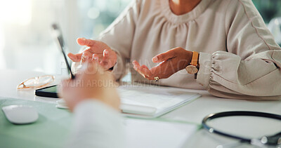 Buy stock photo Doctor, hands and consultation with patient for healthcare advice, prescription or diagnosis. Medical worker, documents and discussion with health insurance for information or application at clinic