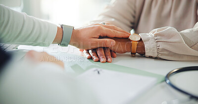 Buy stock photo Doctor, patient and hands with comfort for empathy, understanding or trust at clinic office. Healthcare, medical worker or client with touch for sympathy, breaking news or health support at hospital