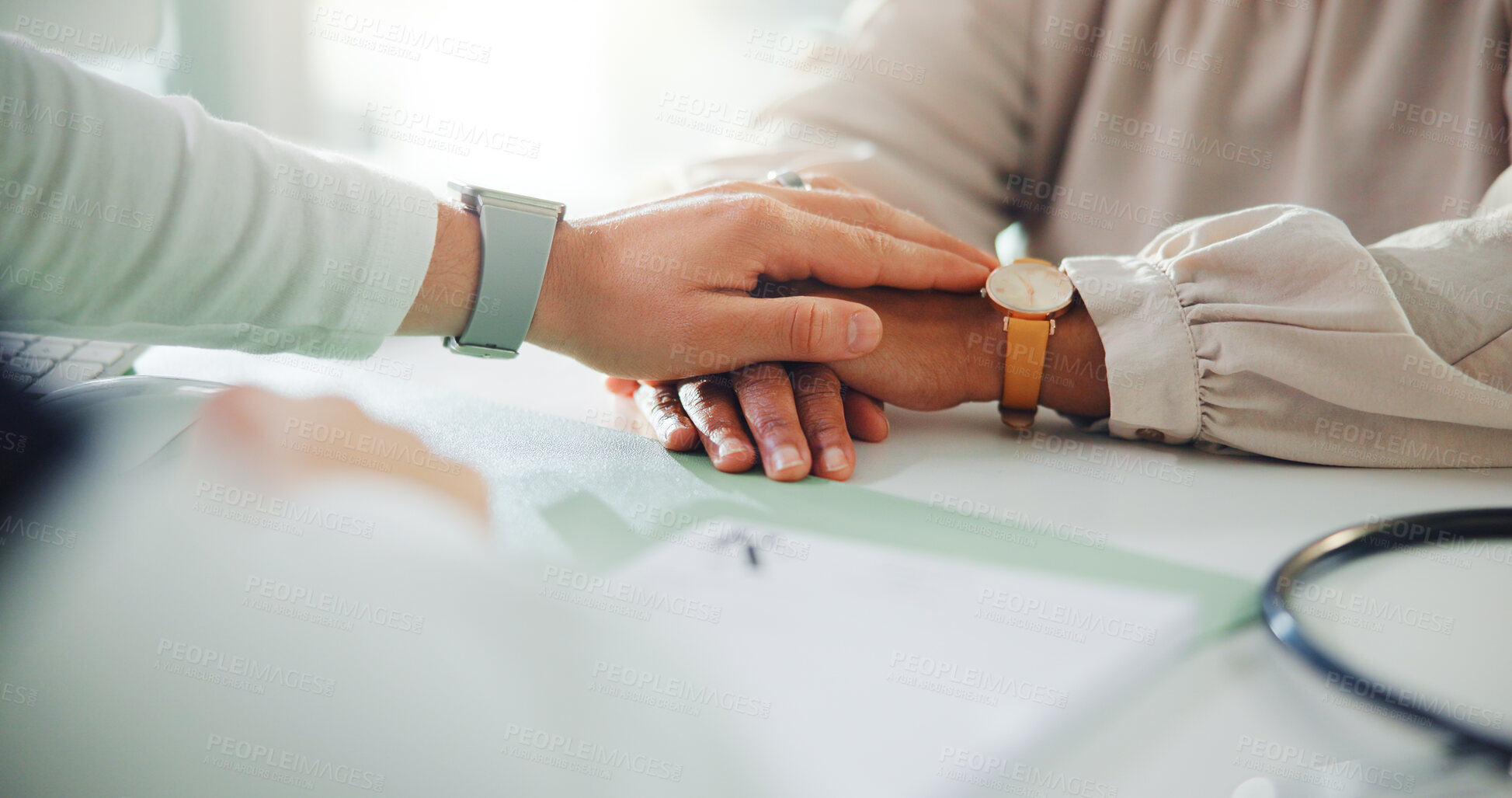 Buy stock photo Doctor, patient and hands with comfort for empathy, understanding or trust at clinic office. Healthcare, medical worker or client with touch for sympathy, breaking news or health support at hospital