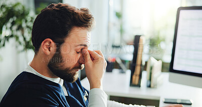 Buy stock photo Tired, nurse and overtime in hospital, man and unhappy with pressure, administration and eye strain. Healthcare, medical assistant and person with computer vision syndrome, exhausted and burnout