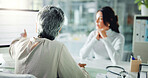 Doctor, woman and computer screen with patient for consultation, medical report and exam results. Healthcare, appointment and mature physician in clinic for checkup, help and feedback for diagnosis