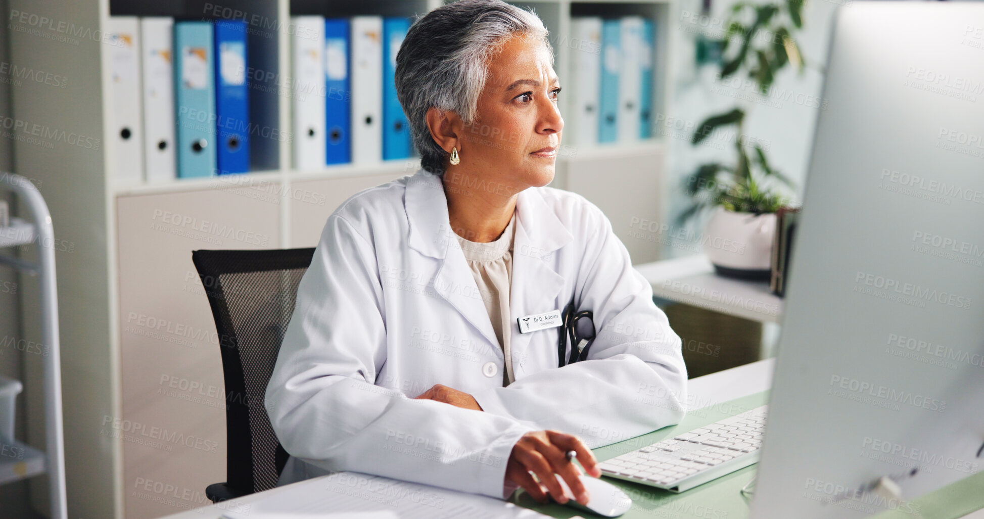 Buy stock photo Computer, woman and doctor thinking with report in clinic for online research, diagnosis or treatment. Tech, medical service and female healthcare worker with internet for prescription in office
