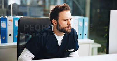 Buy stock photo Healthcare, man and doctor in hospital by computer with research for diagnosis, treatment or surgery planning. Thinking, professional and male surgeon with medical information for problem solving.