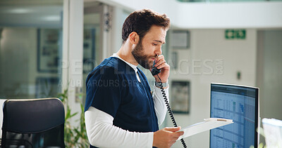 Buy stock photo Man, doctor or phone call in hospital with clipboard, medical information or update patient appointment. Healthcare, specialist or document at tech for schedule, administration or talk at front desk