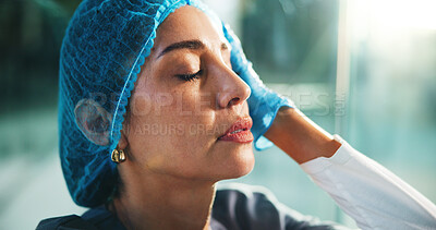 Buy stock photo Stress, woman and doctor on floor at hospital with medical mistake, surgery fail and patient loss. Upset, surgeon and grief from bad news, wrong diagnosis and operation error with healthcare burnout