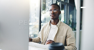 Buy stock photo Computer, research and black man in office with online contact for approval of creative project. Reading, email and African male copywriter with article for publishing on technology in workplace.