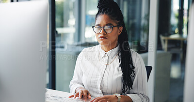 Buy stock photo Computer, research and black woman in office with online contact for approval of creative project. Reading, email and African female copywriter with article for publishing on technology in workplace.