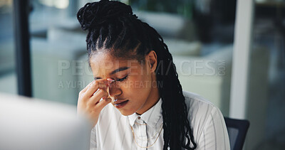 Buy stock photo Frustrated, black woman and headache with stress at office for burnout, fatigue or overworked. Female person, journalist or tired employee with eye strain for fail, pressure or deadline at workplace