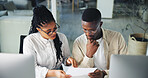 Creative team, business people and brainstorming with document in office for news article. Paper, startup and African group planning project for journalism, problem solving or idea for story headline
