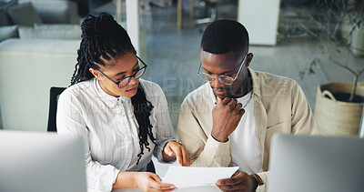 Buy stock photo Creative team, business people and brainstorming with document in office for news article. Paper, startup and African group planning project for journalism, problem solving or idea for story headline
