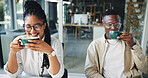Coffee, teamwork and relax with business people in office for caffeine break, collaboration or beverage. Partnership, drinking tea and coworking with African employees in agency for latte and friends