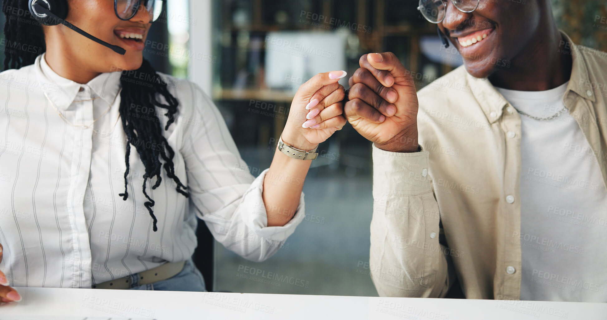 Buy stock photo Business people, fist bump or teamwork at call center for customer service or winning at office. Businessman, woman or consultants with smile or touch for success or contact us at agency or workplace