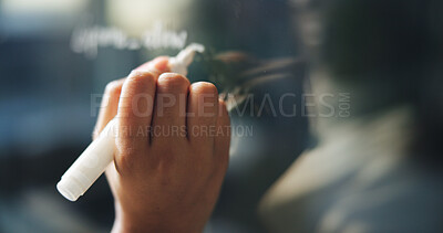 Buy stock photo Hand, startup or person writing on glass board for ideas, agenda or vision in creative company. Planning, brainstorming or entrepreneur with transparent wall for strategy, task or development project