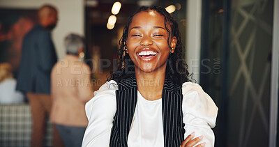 Buy stock photo Business, laughing and portrait of black woman in lobby of convention center for conference. Arms crossed, development and tradeshow with happy employee waiting in foyer of workplace for seminar