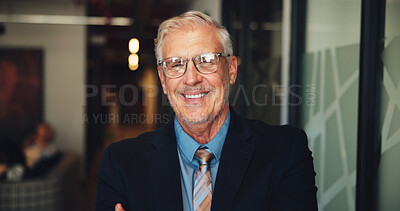 Buy stock photo Investor, proud and mature businessman with smile for investment project or venture capital. CEO, portrait or happy executive director in office with confidence, private equity or finance experience