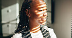 Smile, vision and window with business black woman in office for inspiration, planning or thinking. Face, sunlight and view with happy African employee in workplace for future, idea or opportunity