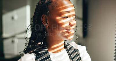 Buy stock photo Smile, vision and window with business black woman in office for inspiration, planning or thinking. Face, sunlight and view with happy African employee in workplace for future, idea or opportunity