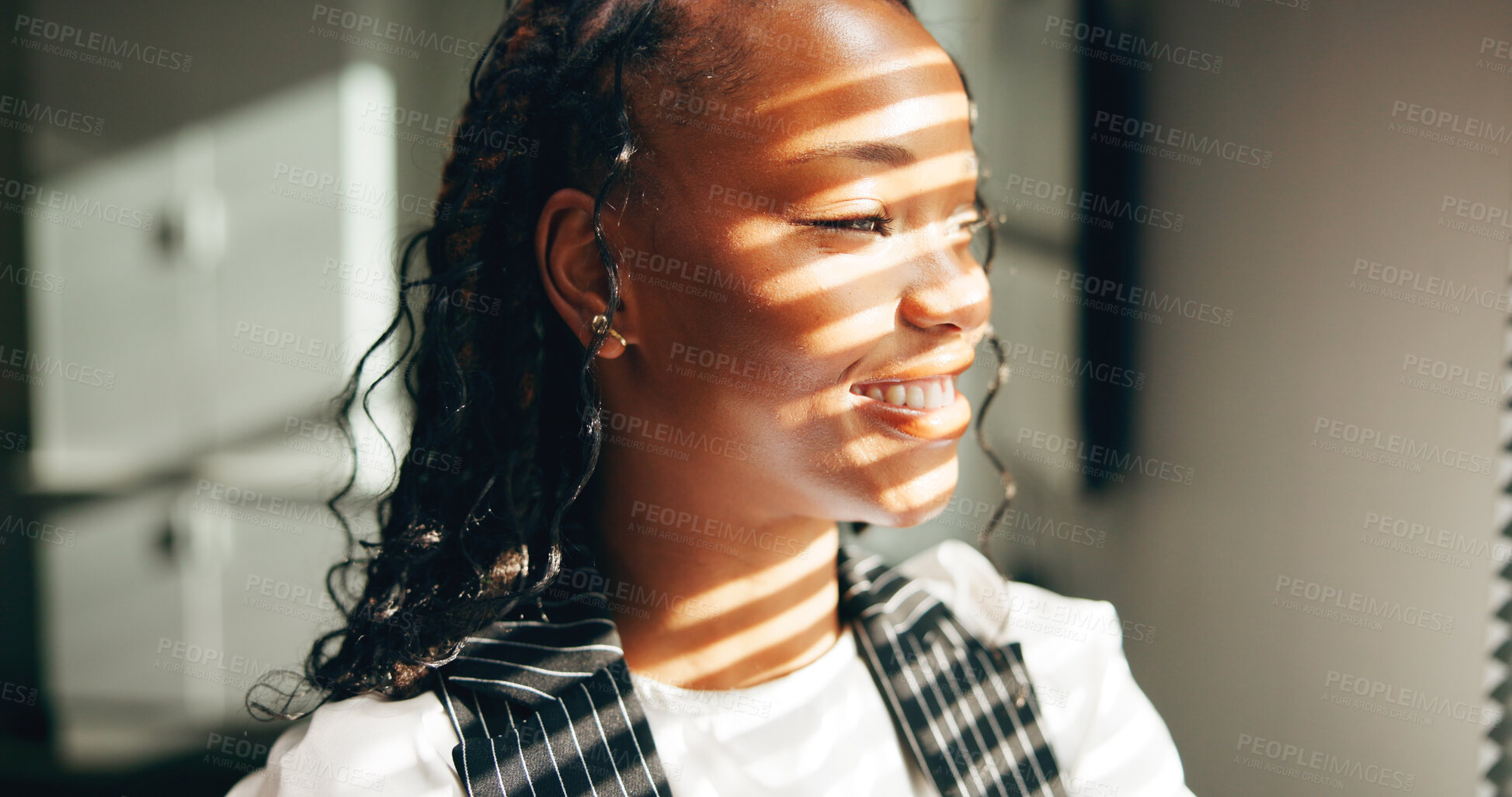 Buy stock photo Smile, vision and window with business black woman in office for inspiration, planning or thinking. Face, sunlight and view with happy African employee in workplace for future, idea or opportunity