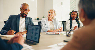 Buy stock photo Business people, discussion and laptop in office for finance, company budget and explain expenses. Team, meeting and tech in boardroom for financial planning, audit briefing and fund analysis