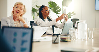 Buy stock photo Selfie, meeting and distracted with business woman in office for policy violation, rude and bad employee. Poor performance, workshop conduct and picture with people in agency for company etiquette