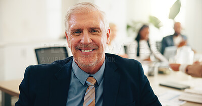 Buy stock photo Portrait, mature and happy business man in office for coworking at investment hedge fund. CEO, smile and confident leader with corporate financial executive, manager or professional boss with pride