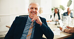 Portrait, mature and happy businessman in office for coworking at insurance meeting. CEO, smile and confident leader with corporate executive, risk manager or professional coverage advisor with team