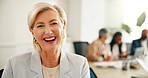 Portrait, mature and business woman laughing in office for coworking at hedge fund for investment. CEO, funny and confident leader with corporate financial executive, manager and professional boss