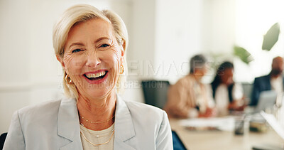 Buy stock photo Portrait, mature and business woman laughing in office for coworking at hedge fund for investment. CEO, funny and confident leader with corporate financial executive, manager and professional boss