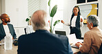 Business people, presentation and woman in meeting, feedback and planning with company development. Group, ideas and workshop for productivity increase, speaker and seminar with performance review