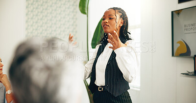 Buy stock photo Business, presentation and woman in office, meeting and negotiation for startup funding. Group, collaboration and workshop for company development, speaker and seminar for information and people