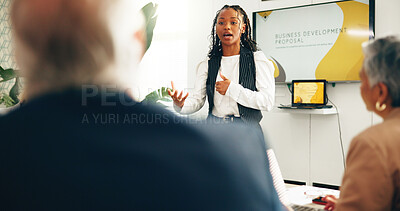 Buy stock photo Business people, presentation and woman in office, feedback and planning with development. Workshop, collaboration or group in meeting, speaker or seminar for information, negotiation or conversation
