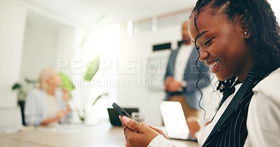 Buy stock photo Phone, meeting and distraction with business woman in office for policy violation, rude and bad employee. Poor performance, workshop conduct and reading with people in agency for company etiquette