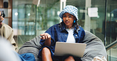 Buy stock photo Students, tablet and woman with planning, university and brainstorming for group assignment. College, meeting and people with tech, creativity and discussion with education, teamwork and ideas