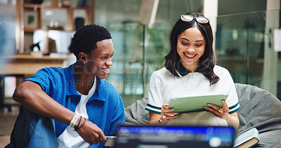 Buy stock photo Students, tablet and woman with conversation, higher education and planning for group assignment. College, university and people with tech, creative project and smile with brainstorming and teamwork