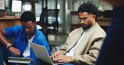 Buy stock photo Laptop, study and tablet with students in library together for development, education or learning. Computer, knowledge and typing with friends on college or university campus for exam preparation