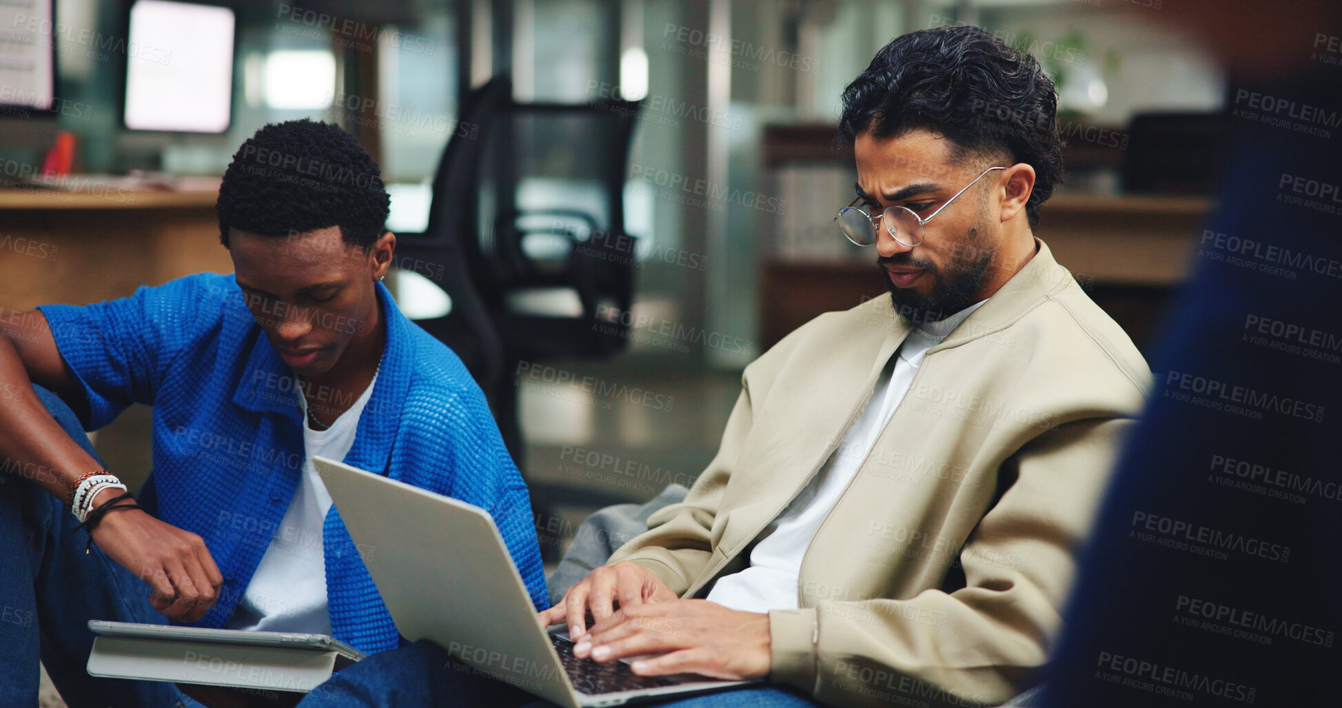 Buy stock photo Laptop, study and tablet with students in library together for development, education or learning. Computer, knowledge and typing with friends on college or university campus for exam preparation