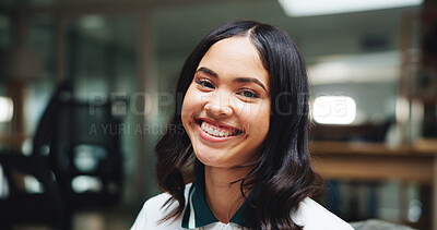 Buy stock photo Happy, student and portrait of woman on campus for studying, college degree and future. Happiness, scholarship opportunity and University with person in lounge for relax, growth and knowledge