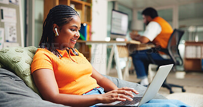Buy stock photo University, student and black woman with laptop, smile or research for article, earphones or phd. College, computer or African person with planning, transcribe or assignment with elearning or podcast