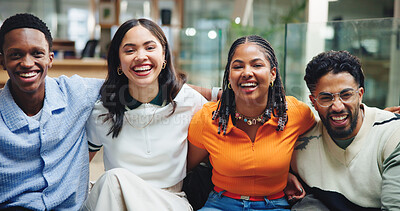 Buy stock photo Portrait, friends and students hug in university for support, learning and solidarity for education. College, group and happy people embrace for scholarship, collaboration or team laughing in library