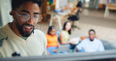 Buy stock photo Student, man and presentation on whiteboard in college for learning, education or notes. University, team and presenter with creative brainstorming, problem solving or reflection of idea for teaching