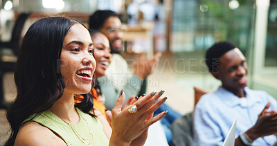Buy stock photo Applause, creativity and business people in office, woman and smile with celebration. Employees, clapping and group in workplace, success and approval for project, achievement and cheering with sales