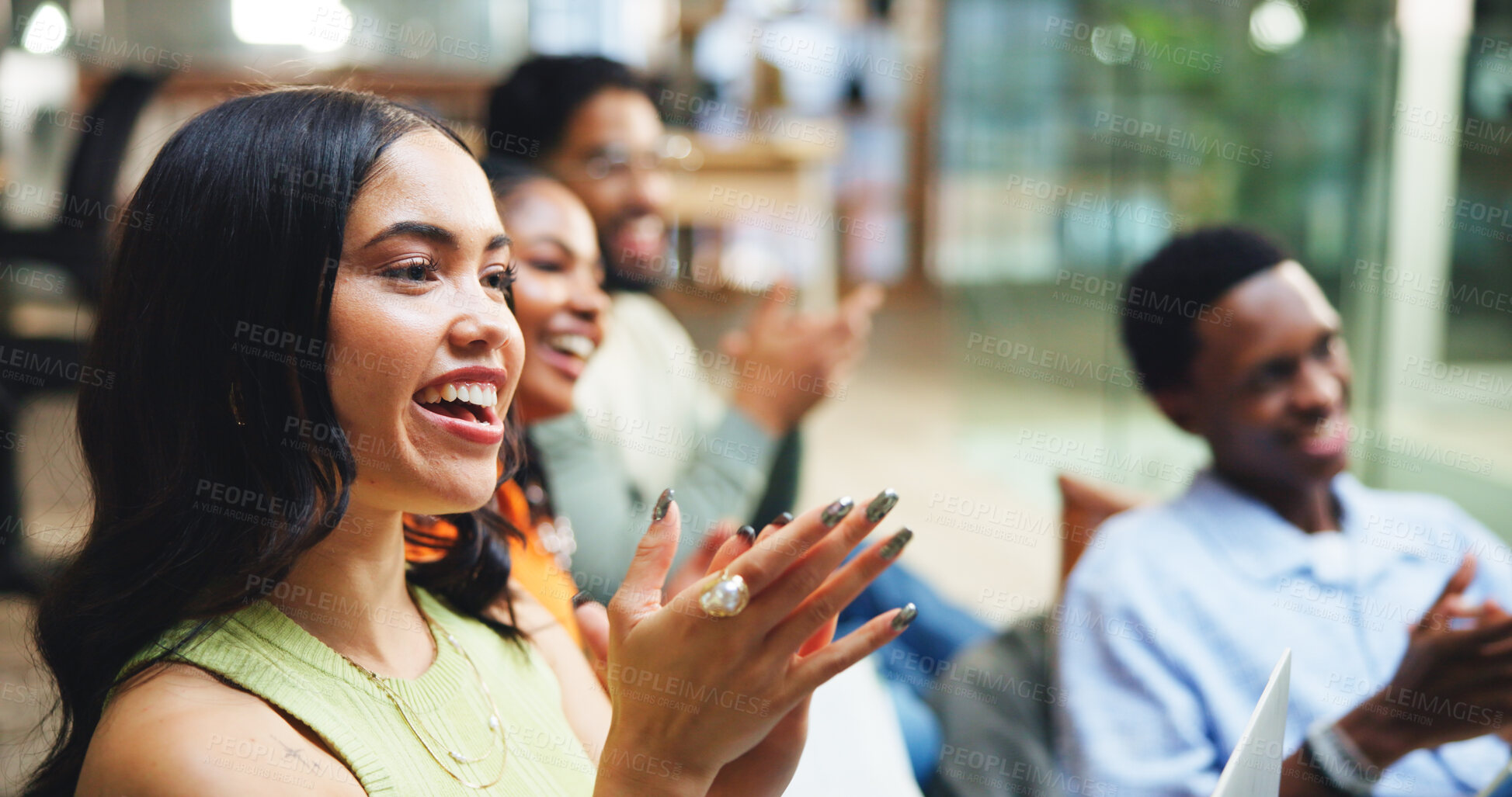 Buy stock photo Applause, creativity and business people in office, woman and smile with celebration. Employees, clapping and group in workplace, success and approval for project, achievement and cheering with sales