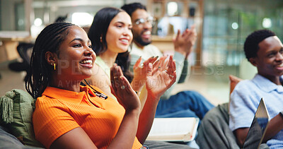 Buy stock photo Applause, collaboration and people in office with celebration for creative internship with job opportunity. Clapping hands, happy and group of magazine editors with achievement for teamwork at agency