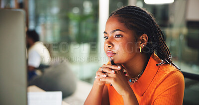 Buy stock photo School, thinking and student on computer for online research, studying and learning at college. University, ideas and woman on pc for project, assessment and assignment for education in library