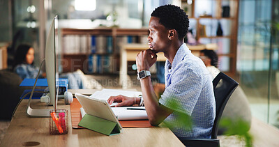 Buy stock photo Office, intern editor and man on computer for digital magazine, publishing and journalism. Update, media agency and creative person on technology for blog article, publication report and research