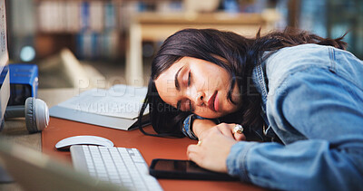 Buy stock photo Sleeping, tired and student at desk at university in library for learning, education and studying. College, school and girl asleep by computer with fatigue, burnout and stress for knowledge on campus