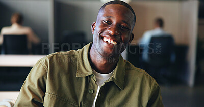 Buy stock photo Intern, portrait and creative with business black man in office for storyboard artist, pride and talent. Smile, happiness and designer student with person in startup agency for learning opportunity